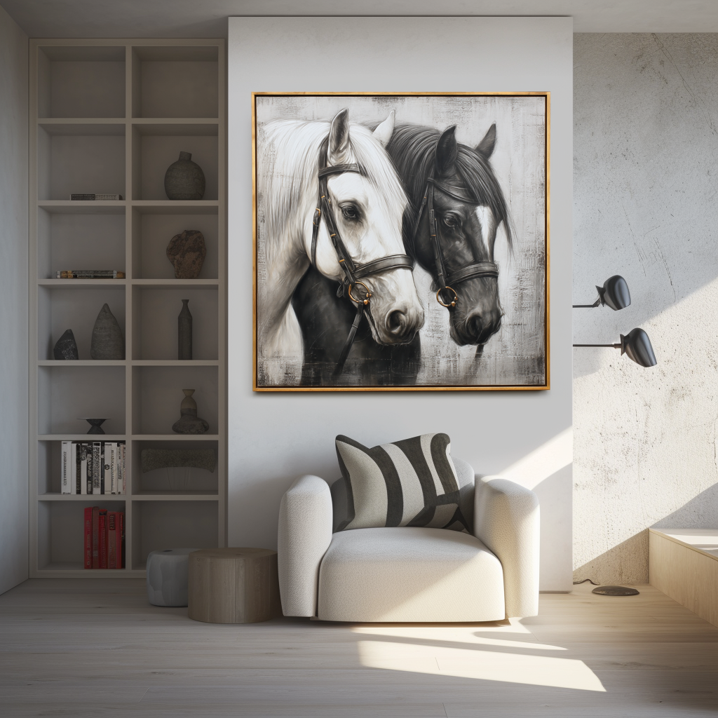 Black and White Horse Portrait Wall Art – Realistic Horse Canvas Painting