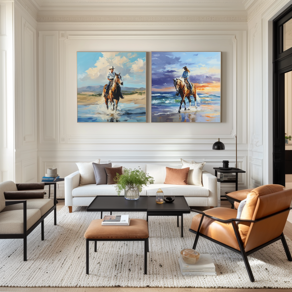 Western Beach Horse Riding Wall Art – Cowboy and Cowgirl Canvas Set