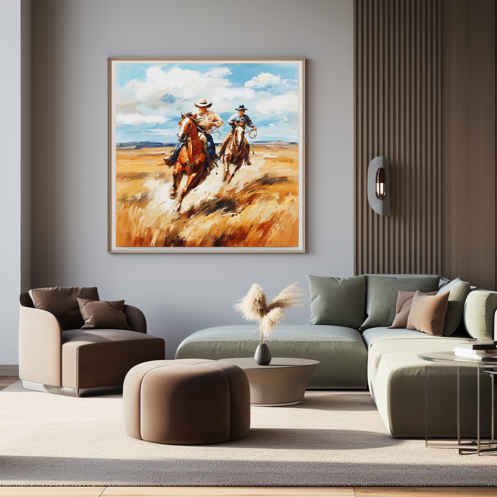Western Cowboy Horse Chase Canvas – Rustic Horse Wall Art for Home