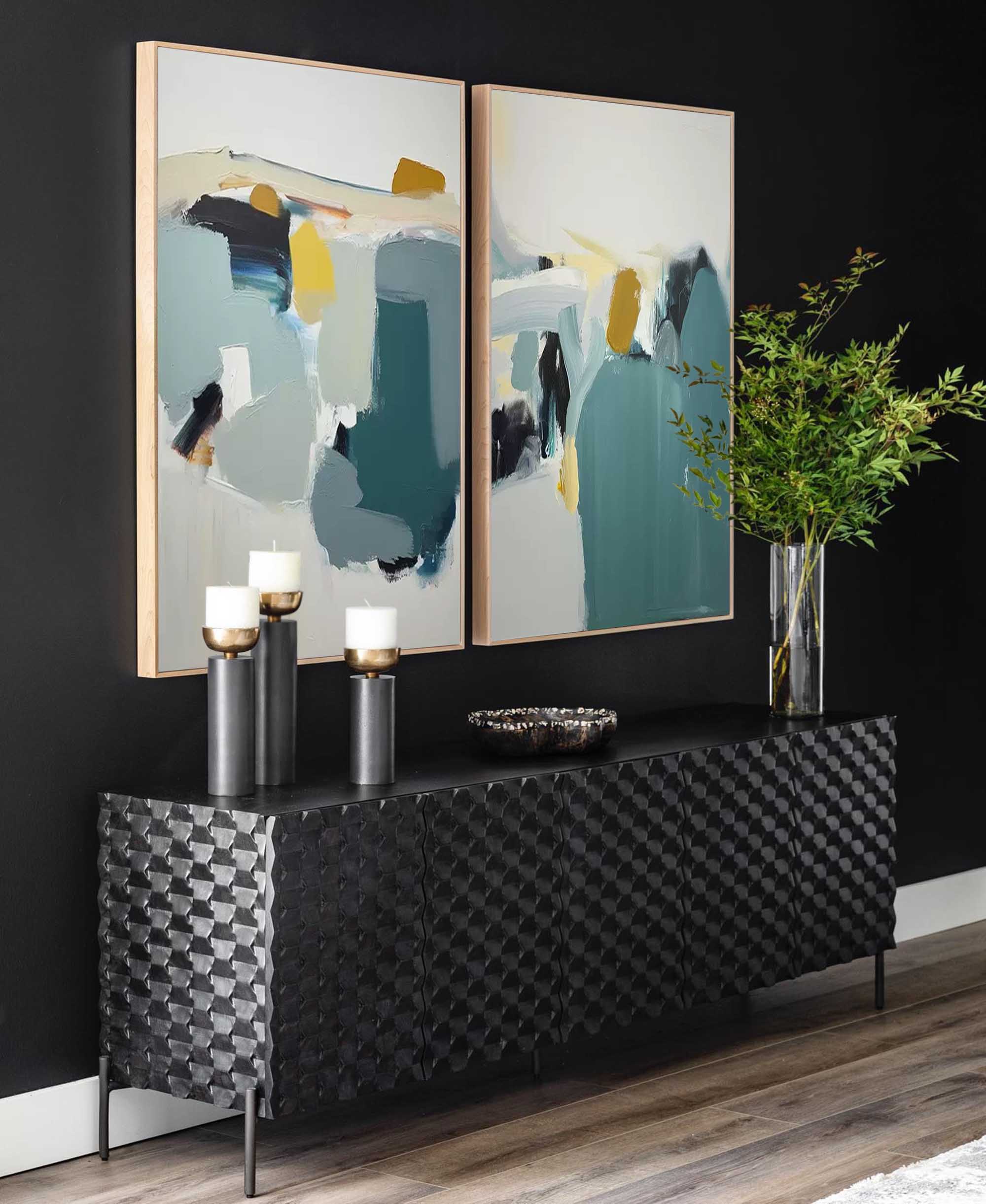 Abstract Diptych in Teal and Gold