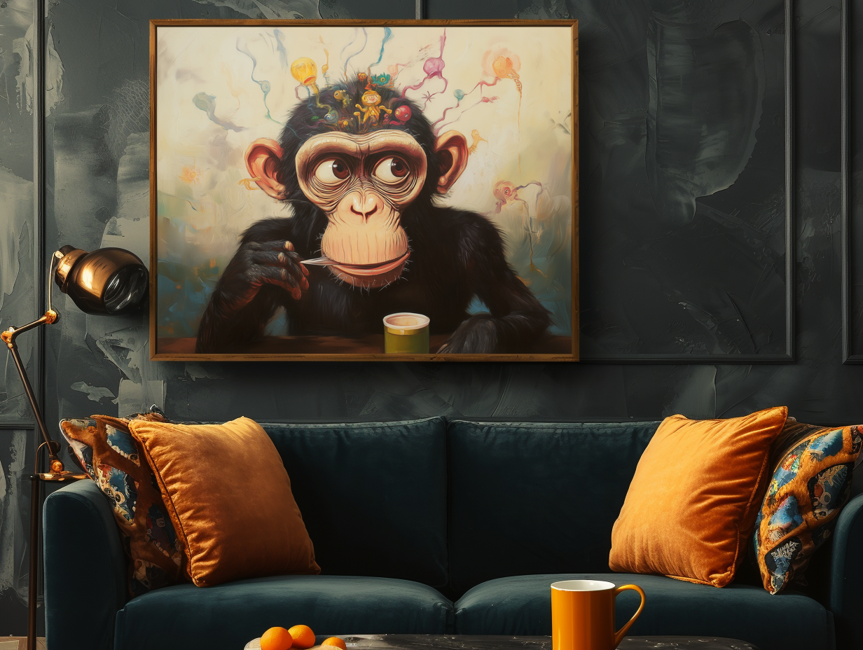 Whimsical Surreal Chimpanzee Wall Art,  Colorful Curly Patterns Monkey Painting for Home Decor