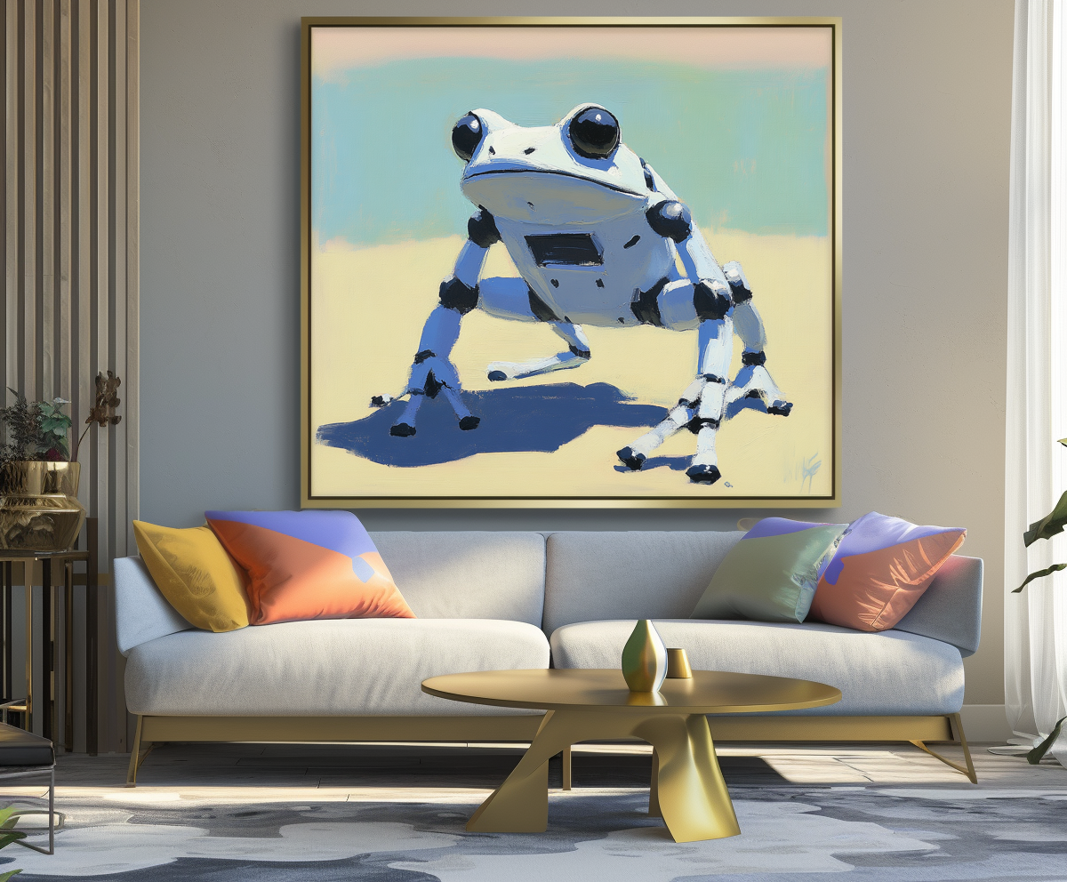 RoboFrog: Futuristic Robot Frog Oil Painting - Whimsical Tech-Inspired Wall Art, Modern Decor for Geeky & Contemporary Homes