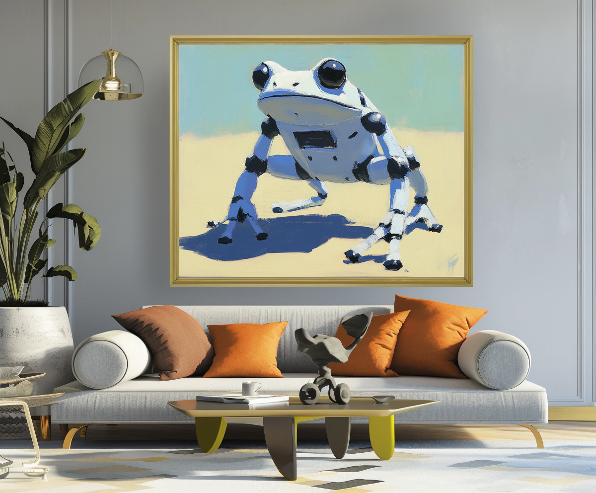 RoboFrog: Futuristic Robot Frog Oil Painting - Whimsical Tech-Inspired Wall Art, Modern Decor for Geeky & Contemporary Homes
