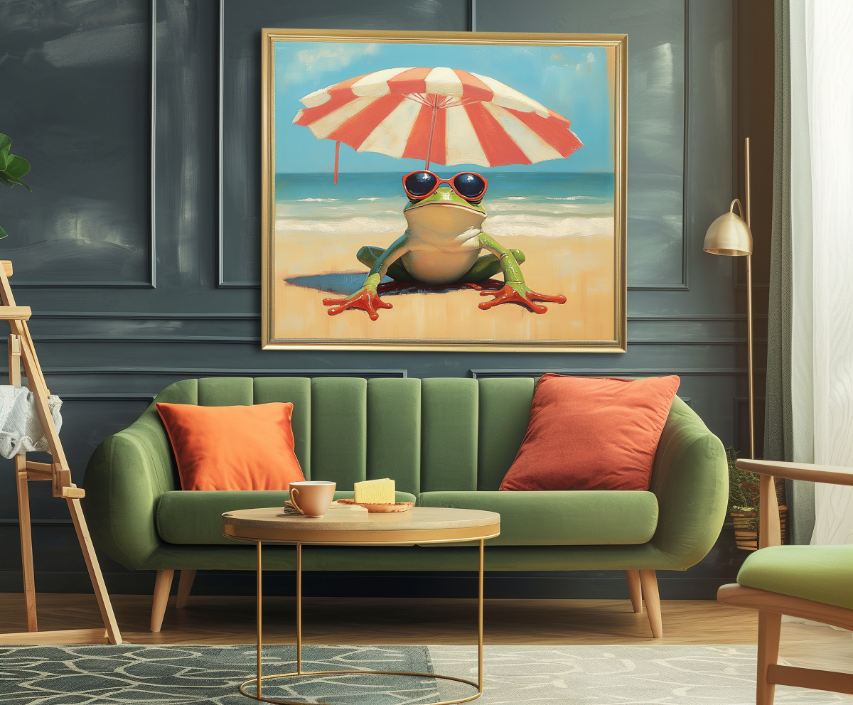 Chill Frog: Funny Frog on Beach with Sunglasses & Umbrella - Whimsical Oil Painting, Coastal Wall Art for Living Room & Kids’ Space