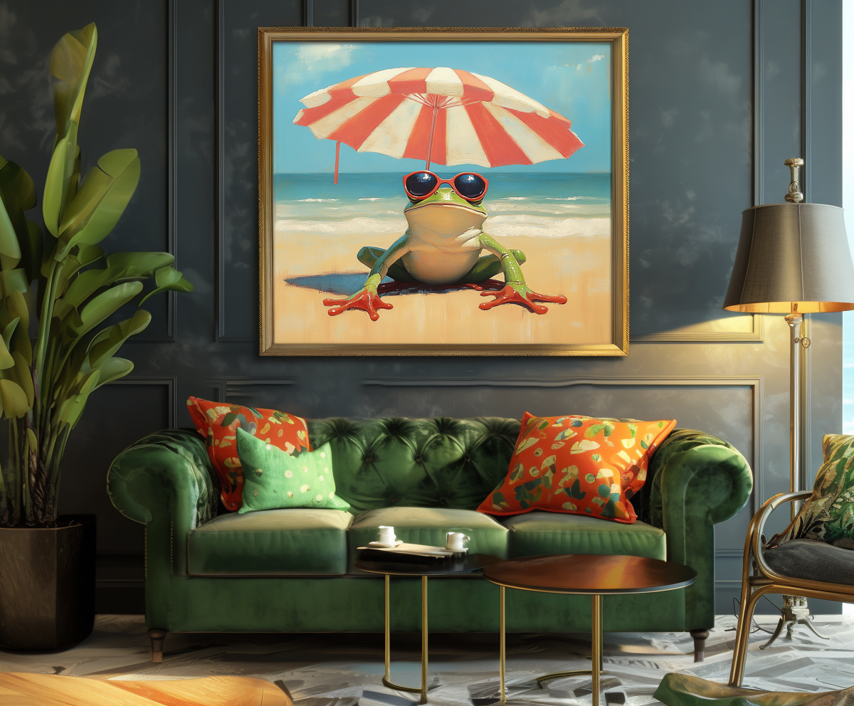 Chill Frog: Funny Frog on Beach with Sunglasses & Umbrella - Whimsical Oil Painting, Coastal Wall Art for Living Room & Kids’ Space