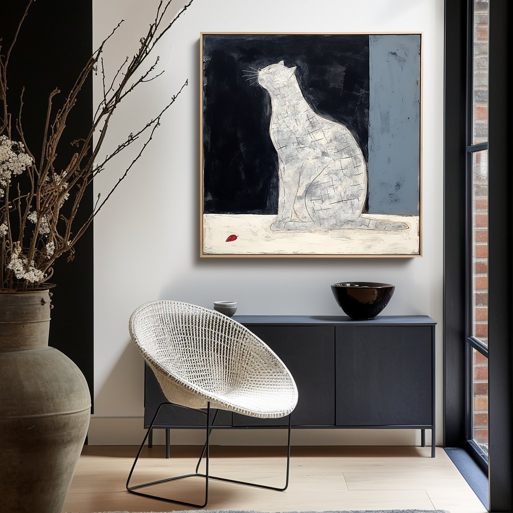 Moonlit Whispers-Unique Wabi-Sabi White Cat Painting - Home Decor Wall Art