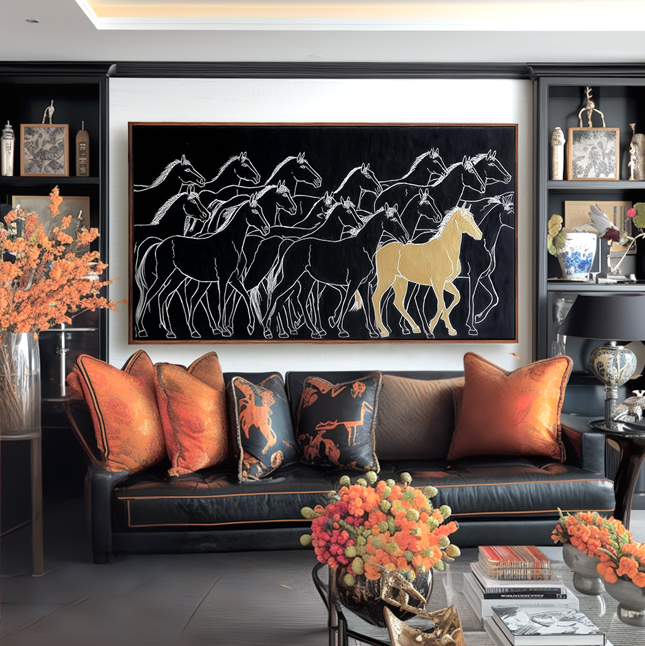 Golden Stride – Modern Minimalist Horse Painting Black and Gold Wall Art