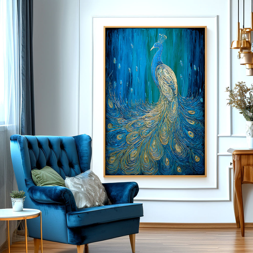 Celestial Grace - Textured Blue and Gold Peacock Oil Painting