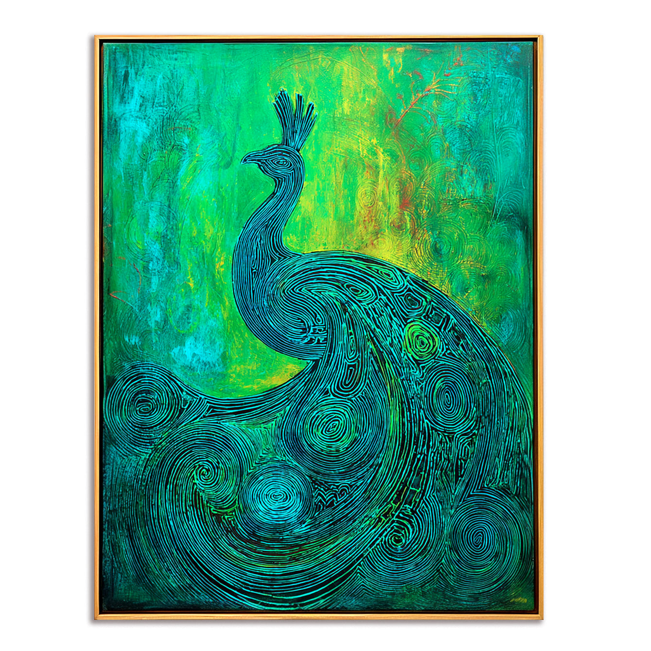 Emerald Poise - Textured Green and Blue Peacock Oil Painting