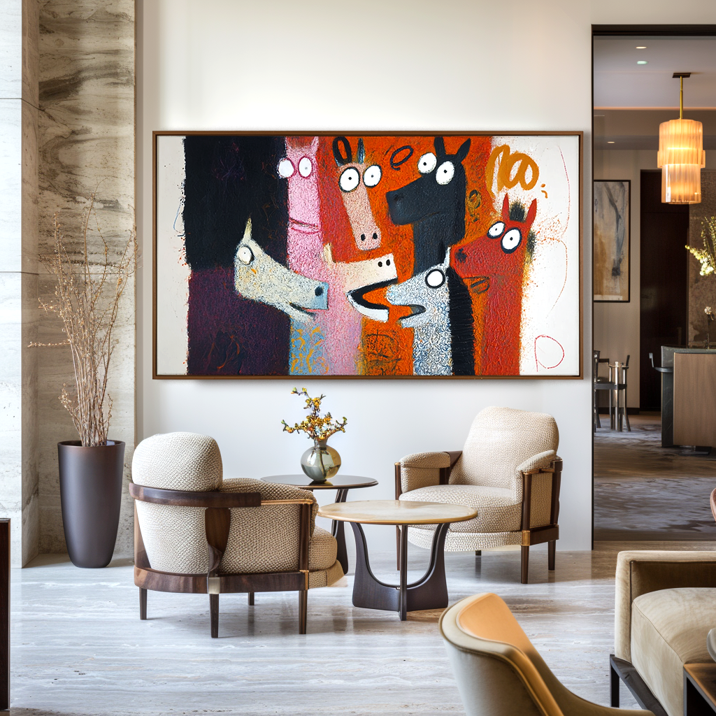 Playful Herd — Abstract Horse Oil Painting, Naive Art Textured Wall Art